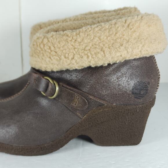 Timberland Women’s Bayden US9,5 Brown Leather Wedge Ankle Shearling Boots Bootie - Picture 13 of 16
